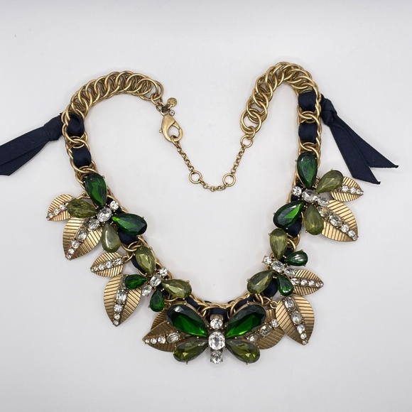 Ann Taylor Statement Necklace Gold Tone Vintage Glass Green Butterfly Rhinestone - Picture 5 of 14
